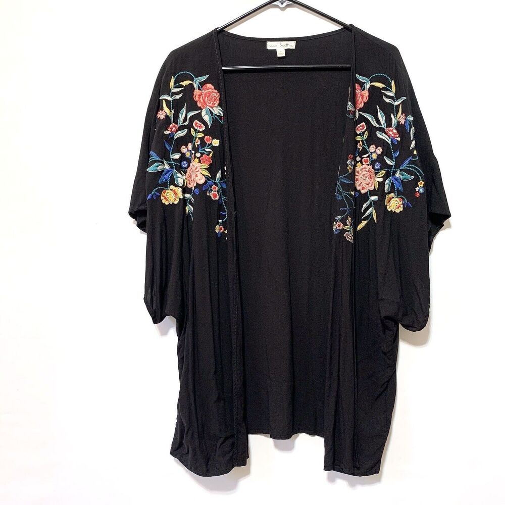 Nine Britton Black Floral Embroidered Open Front Cardigan Top M